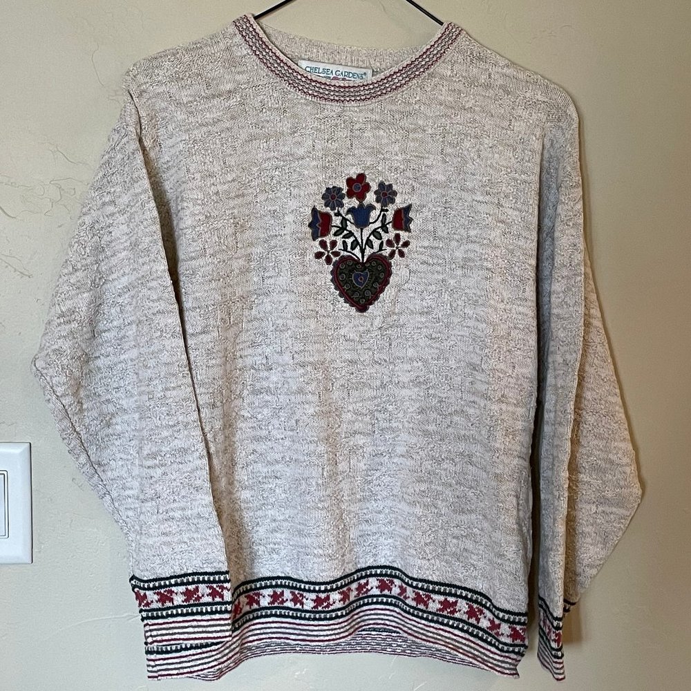 Vintage Womens Chelsea Gardens Medium Sweater Floral Cream